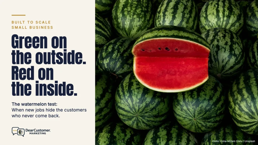A pile of whole green watermelons with one cut open to show the red inside, next to the title Green on the outside, red on the inside